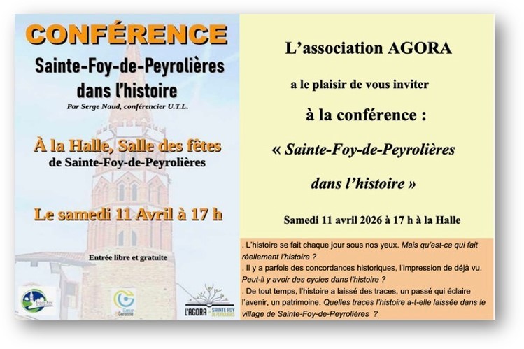 CONFÉRENCE : SAINTE-FOY-DE-PEYROLIÈRES DANS L’HISTOIRE — visuel événement