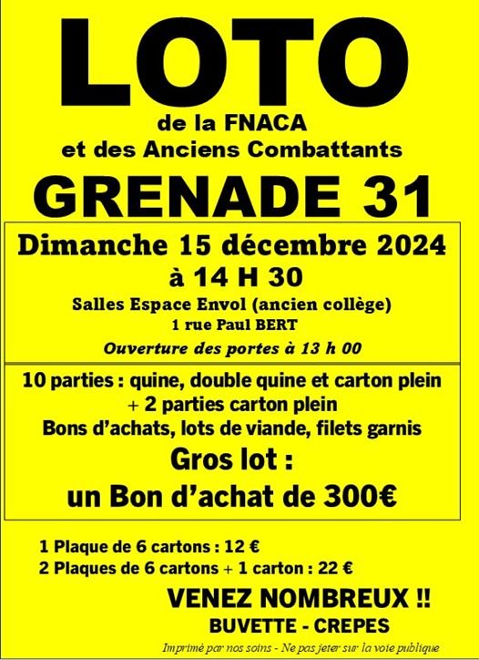 LOTO DE LA FNACA, ET ANCIENS COMBATTANTS, DES HAUTS TOLOSANS Le 15 déc 2024