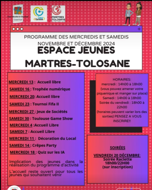 PROGRAMME DES MERCREDIS ET SAMEDIS (NOVEMBRE & DÉCEMBRE) DE L'ESPACE JEUNES À MARTRES TOLOSANE